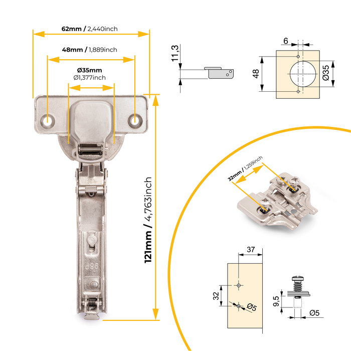 Emuca Lote de 20 bisagras rectas X92N y suplementos de montaje mixto, Diámetro 5x9.5mm, Altura 0, Acero, Niquelado