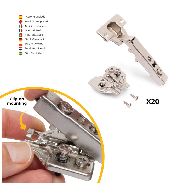 Emuca Lote de 20 bisagras rectas X92N y suplementos de montaje mixto, Diámetro 5x9.5mm, Altura 0, Acero, Niquelado