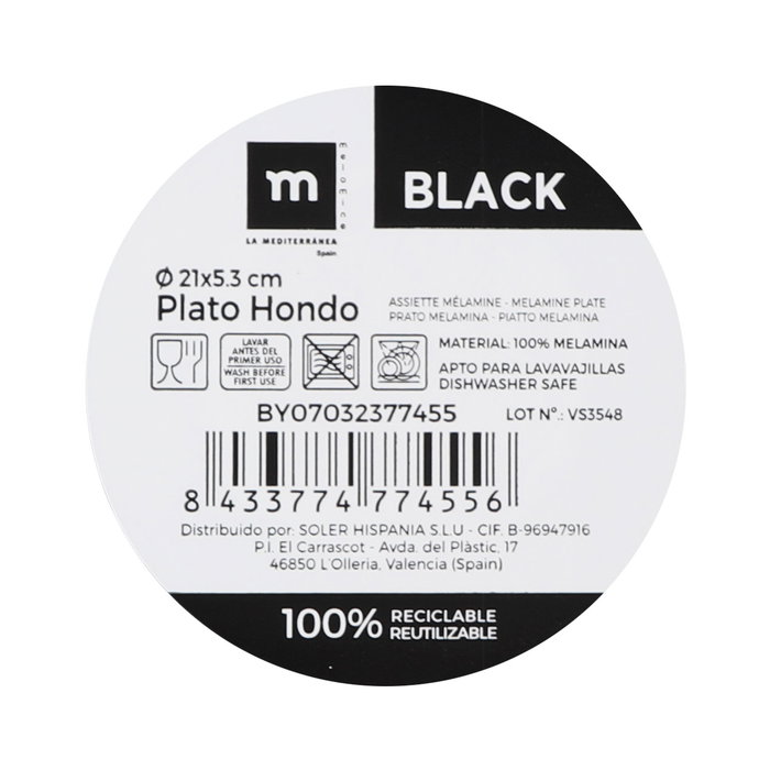 La Mediterranea Plato Hondo Mel.Mate Black 21 cm (24 Unidades) de 21 x 5.3 cm