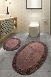 Mijölnir Juego de Alfombrillas de Baño Oval de Algodón 100% Marrón 50x60cm y 60x100cm Antideslizante y Antibacteriano