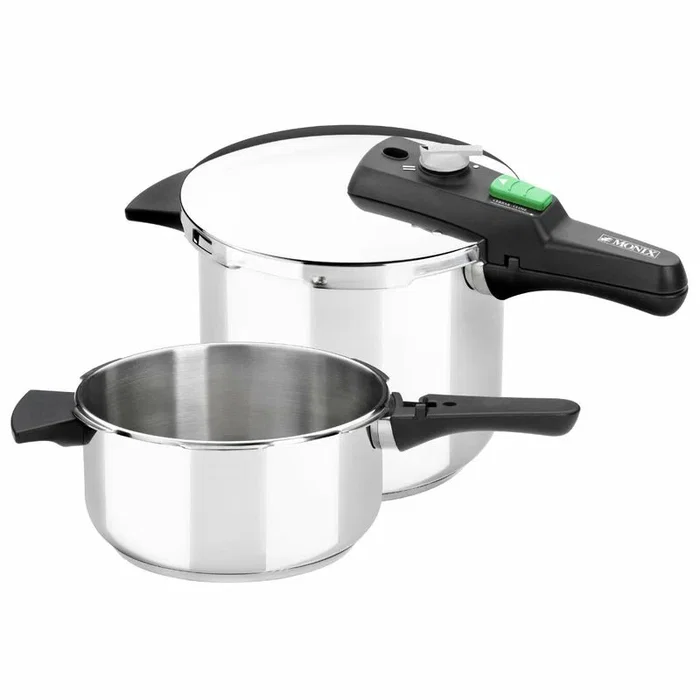 Monix Quick M560004 Olla a Presión 18 cm 9 Litros, Acero Inoxidable Negro, Triple Sistema Seguridad, Apta Inducción
