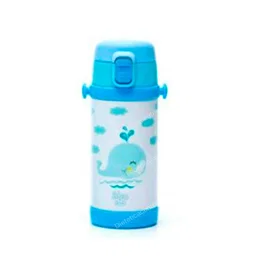 Irisana Botella Termo Infantil BBO8.AZ, Acero Inoxidable 320ml, Mantiene Temperatura 24h, Diseño Ballena Azul, Libre de BPA, Con Pajita y Asa