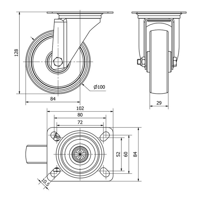 Ruedas Alex Rueda giratoria poliamix con placa y eje liso Ø 10 cm Carga máx. 150 kg Blanco