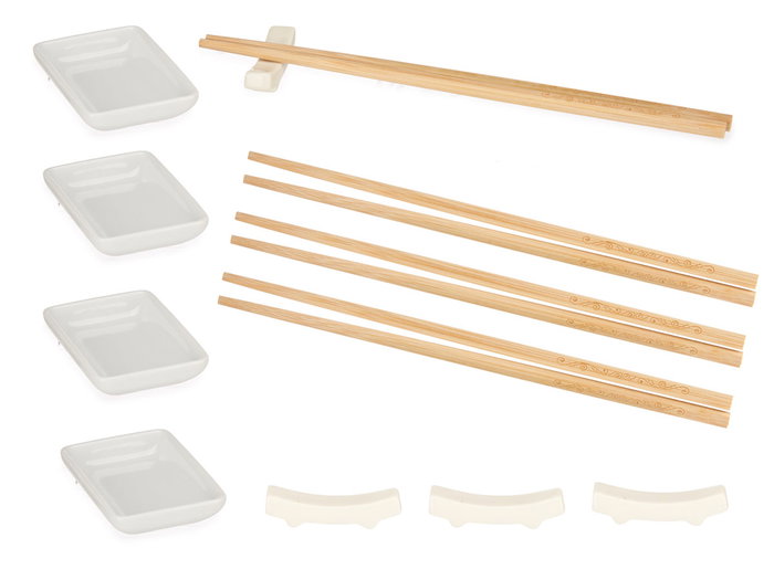 Kinvara Set Sushi Blanco 12 Piezas Porcelana y Bambú 27.5x20.5x2.5 cm (Set de 12)