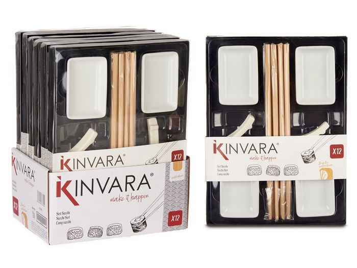 Kinvara Set Sushi Blanco 12 Piezas Porcelana y Bambú 27.5x20.5x2.5 cm (Set de 12)
