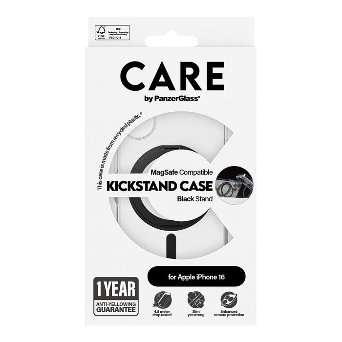 PanzerGlass CARE Case Feature Black Kickstand MagSAFE iPhone 16, Negro - Funda con soporte y MagSafe