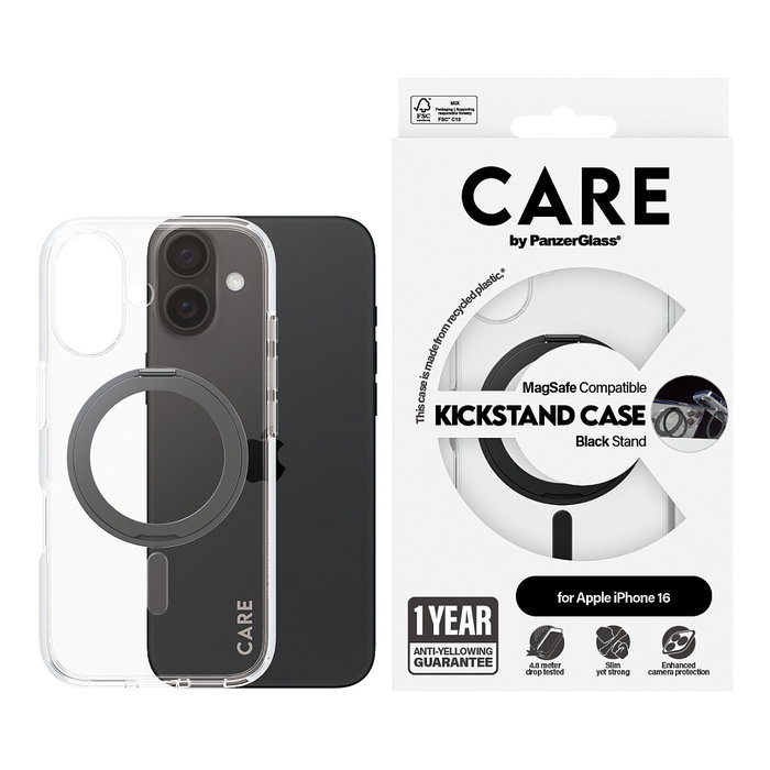 PanzerGlass CARE Case Feature Black Kickstand MagSAFE iPhone 16, Negro - Funda con soporte y MagSafe