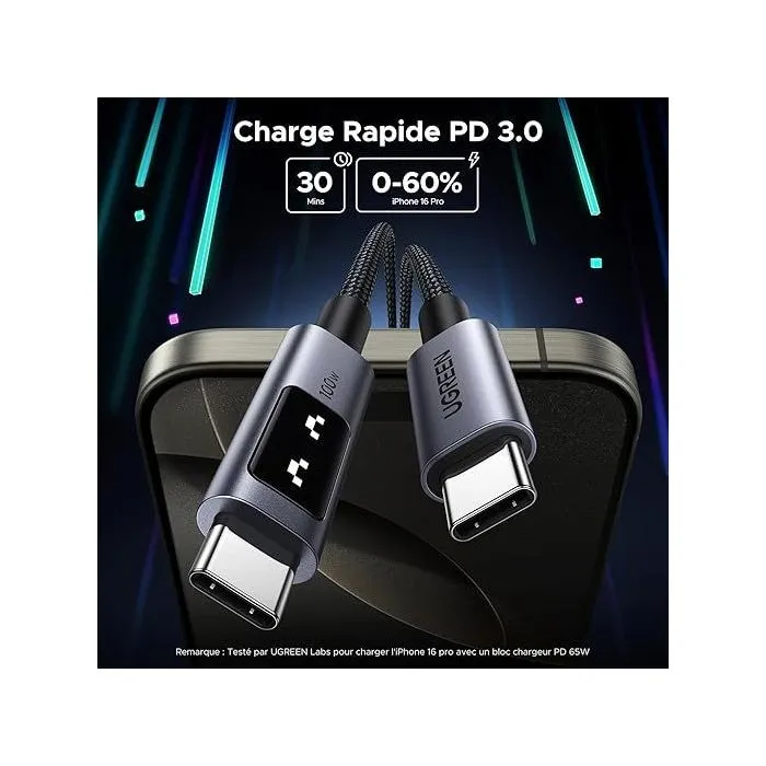 UGREEN Cable de datos USB-C a USB-C 100W PD, funda de nylon, 1 metro, negro - UGR6941876235018