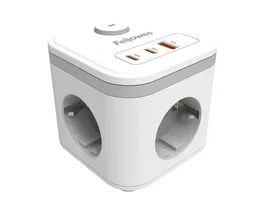 Fellowes Regleta Cubo Multienchufe, 3 Tomas de Corriente + 2 Puertos USB-C + 1 Puerto USB-A, Blanco, Interruptor, Cable 2 Metros, 155x85x145 mm