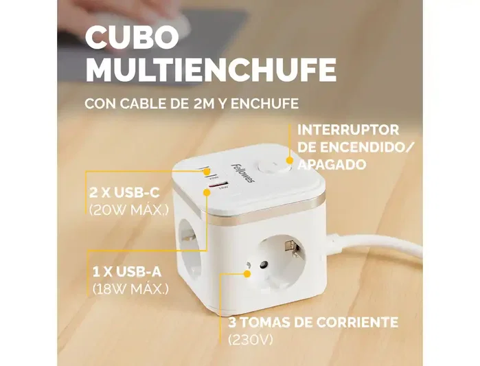 Fellowes Regleta Cubo Multienchufe, 3 Tomas de Corriente + 2 Puertos USB-C + 1 Puerto USB-A, Blanco, Interruptor, Cable 2 Metros, 155x85x145 mm Fellowes Regleta Cubo Multienchufe, 3 Tomas de Corriente + 2 Puertos USB-C + 1 Puerto USB-A, Blanco, Interruptor, Cable 2 Metros, 155x85x145 mm