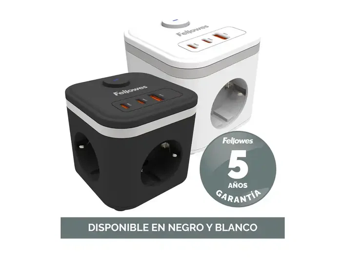 Fellowes Regleta Cubo Multienchufe, 3 Tomas de Corriente + 2 Puertos USB-C + 1 Puerto USB-A, Blanco, Interruptor, Cable 2 Metros, 155x85x145 mm Fellowes Regleta Cubo Multienchufe, 3 Tomas de Corriente + 2 Puertos USB-C + 1 Puerto USB-A, Blanco, Interruptor, Cable 2 Metros, 155x85x145 mm