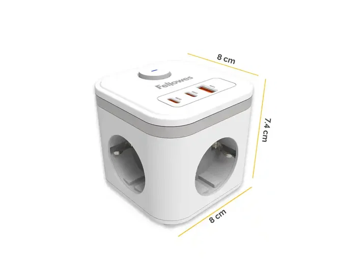 Fellowes Regleta Cubo Multienchufe, 3 Tomas de Corriente + 2 Puertos USB-C + 1 Puerto USB-A, Blanco, Interruptor, Cable 2 Metros, 155x85x145 mm Fellowes Regleta Cubo Multienchufe, 3 Tomas de Corriente + 2 Puertos USB-C + 1 Puerto USB-A, Blanco, Interruptor, Cable 2 Metros, 155x85x145 mm