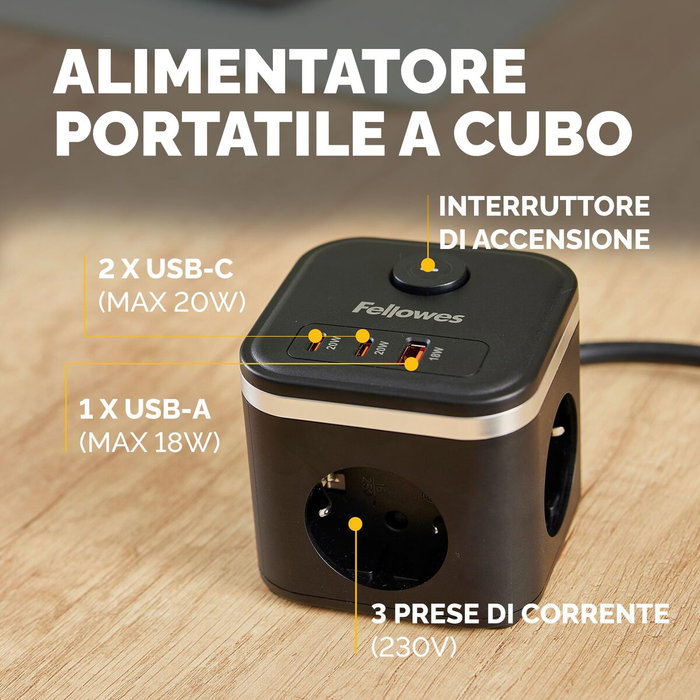 Fellowes Cubo Multienchufe Blanco con 3 Tomas, 1 USB-A y 2 USB-C