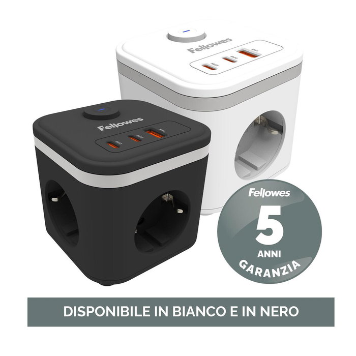 Fellowes Cubo Multienchufe Blanco con 3 Tomas, 1 USB-A y 2 USB-C