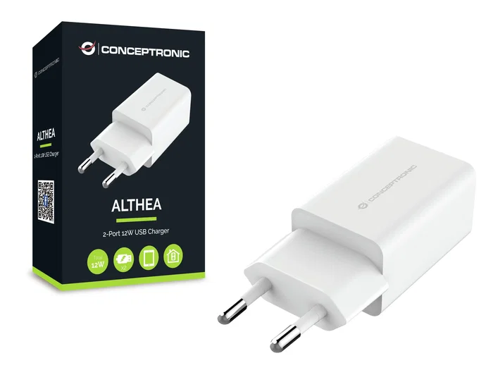 Conceptronic ALTHEA06W Cargador de Pared USB, 2 Puertos, 5V 2.4A 12W Total, Blanco, Universal, CA