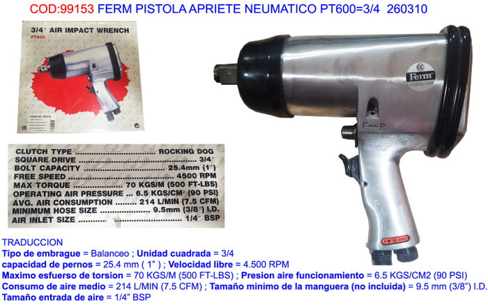 FERM Pistola de Apriete Neumática PT600 FERM Pistola de Apriete Neumática PT600