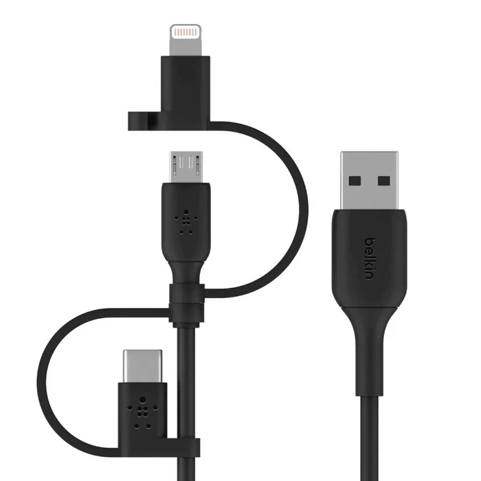 Belkin CAC001BT1MBK Cable USB Adaptador 3 en 1 con Lightning, USB-C y Micro-USB, 1 Metro, Color Negro, Certificación MFi