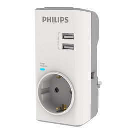 PHILIPS Adaptador Schuko con Protección contra Sobretensiones y 2 Puertos USB