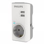 PHILIPS Adaptador Schuko con Protección contra Sobretensiones y 2 Puertos USB