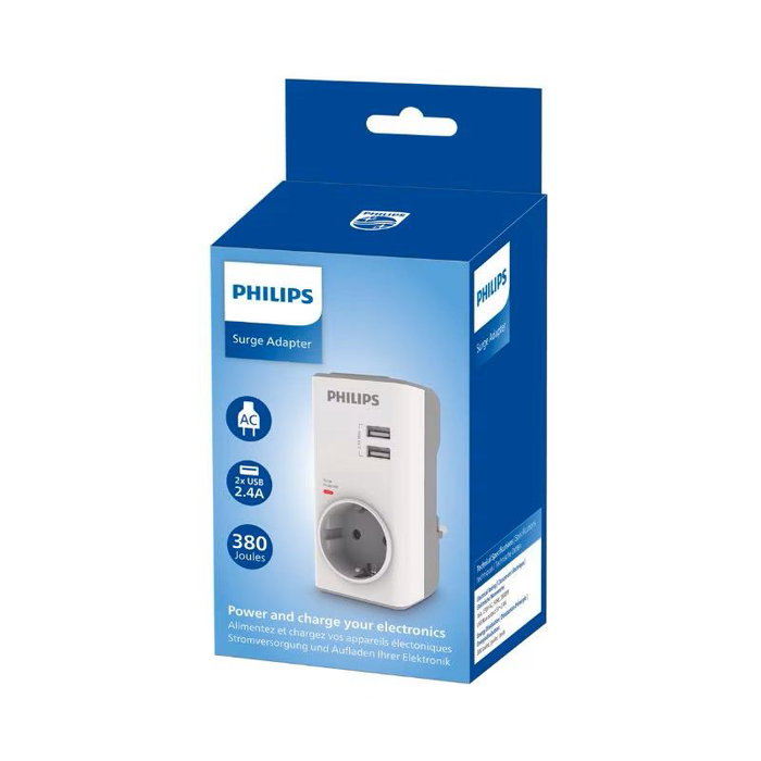 PHILIPS Adaptador Schuko con Protección contra Sobretensiones y 2 Puertos USB