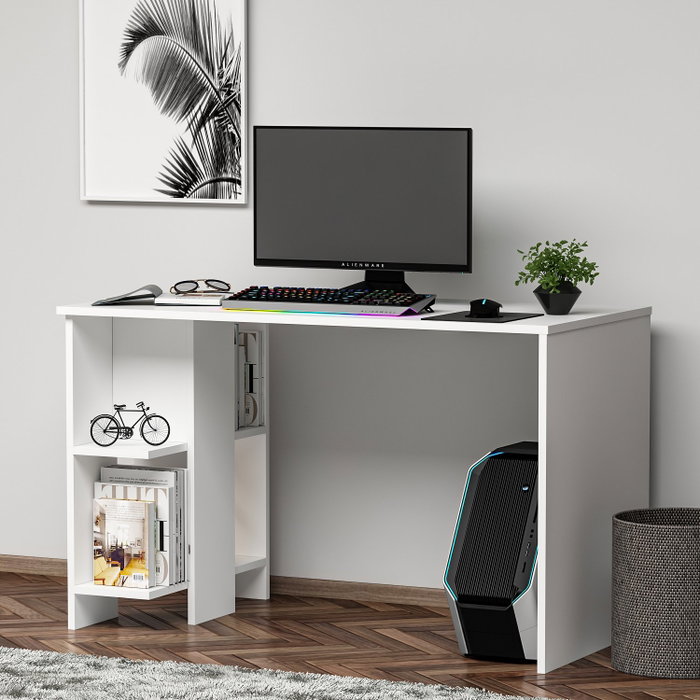Hanah Home Escritorio de Estudio Blanco Escandinavo con Estantes, Diseño Minimalista y Duradero, 120x73.8x60 cm