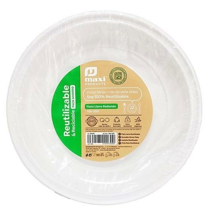 Maxi products Plato Llano Redondo 22cm Reutilizable Blanco -100U- Maxi products Plato Llano Redondo 22cm Reutilizable Blanco -100U-