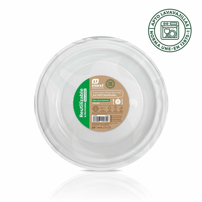 Maxi products Plato Llano Redondo 22cm Reutilizable Blanco -100U- Maxi products Plato Llano Redondo 22cm Reutilizable Blanco -100U-