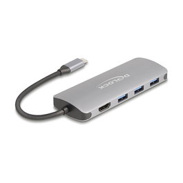 DeLOCK 64323 Hub USB-C 7 Puertos (3x USB-A, 4x USB-C) USB 3.2 Gen 2 10Gbps, Salida HDMI 4K a 60Hz, Carga PD 3.0 90W, Aluminio Gris, Plug & Play, para Windows, Mac, Linux
