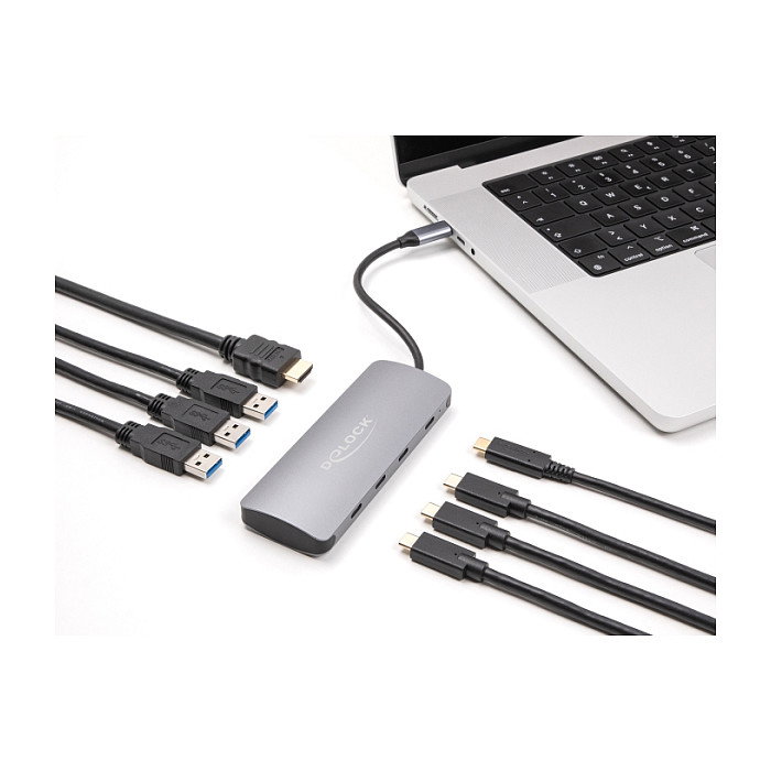 DeLOCK 64323 Hub USB-C 7 Puertos (3x USB-A, 4x USB-C) USB 3.2 Gen 2 10Gbps, Salida HDMI 4K a 60Hz, Carga PD 3.0 90W, Aluminio Gris, Plug & Play, para Windows, Mac, Linux