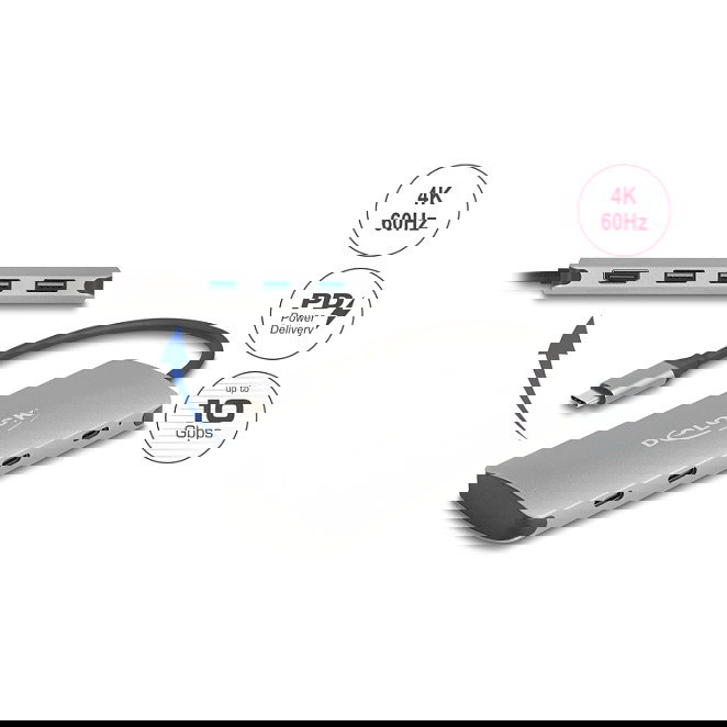 DeLOCK 64323 Hub USB-C 7 Puertos (3x USB-A, 4x USB-C) USB 3.2 Gen 2 10Gbps, Salida HDMI 4K a 60Hz, Carga PD 3.0 90W, Aluminio Gris, Plug & Play, para Windows, Mac, Linux