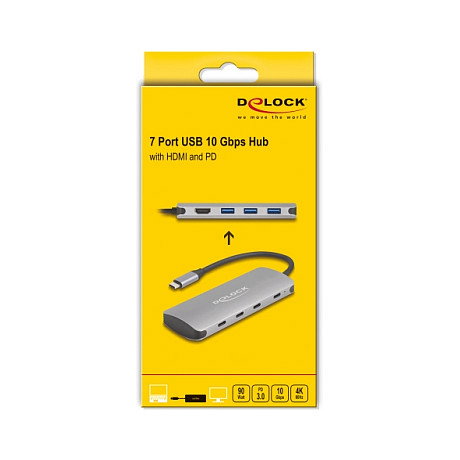 DeLOCK 64323 Hub USB-C 7 Puertos (3x USB-A, 4x USB-C) USB 3.2 Gen 2 10Gbps, Salida HDMI 4K a 60Hz, Carga PD 3.0 90W, Aluminio Gris, Plug & Play, para Windows, Mac, Linux