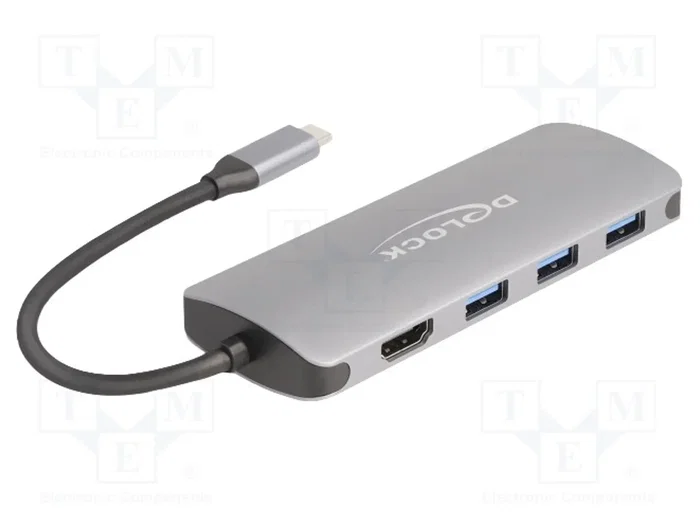 DeLOCK Hub USB 64323 con 7 puertos, HDMI 4K y PD 3.0 90W, Gris