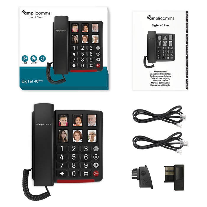 amplicomms BigTel 40 Plus Teléfono Análogo para Ancianos con Botones Grandes y Teclas Fotoluminiscentes, Negro