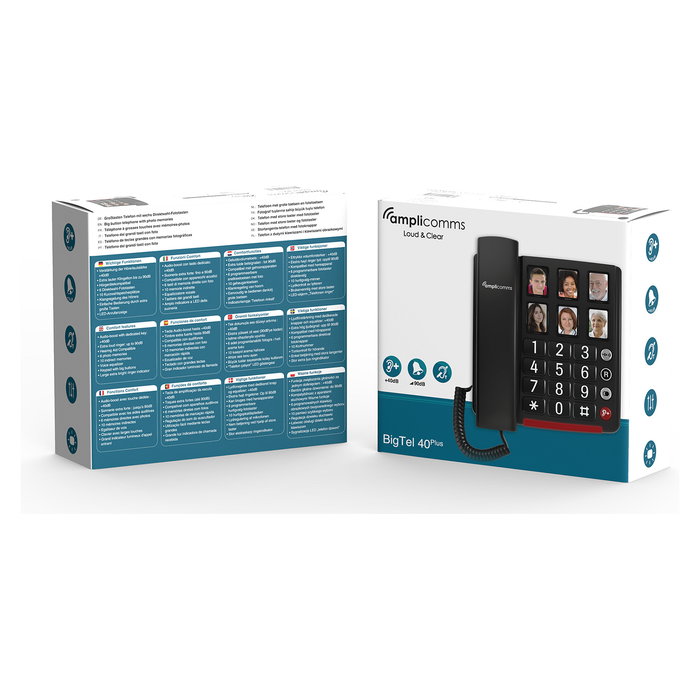 amplicomms BigTel 40 Plus Teléfono Análogo para Ancianos con Botones Grandes y Teclas Fotoluminiscentes, Negro