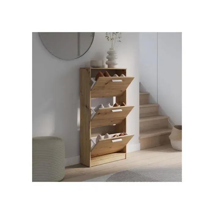 MAC Zapatero MSA312D78 - Mueble para 6 Pares, Acabado Roble, 3 Puertas Abatibles, Ancho 58,2 x Profundidad 20,4 x Alto 115,5 cm