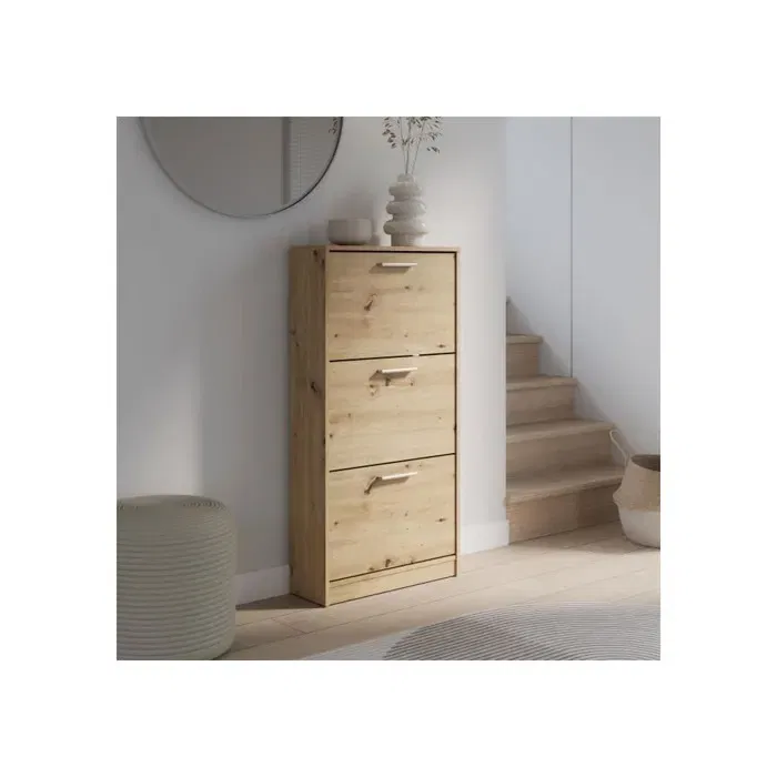 MAC Zapatero MSA312D78 - Mueble para 6 Pares, Acabado Roble, 3 Puertas Abatibles, Ancho 58,2 x Profundidad 20,4 x Alto 115,5 cm