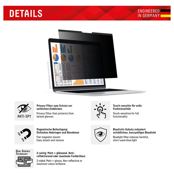 Displex Filtro de Privacidad Blickschutzfilter para Portátil 15.6" (16:9) 39.6 cm, Antirreflectante, Magnético, Fácil Instalación y 2 Años de Garantía