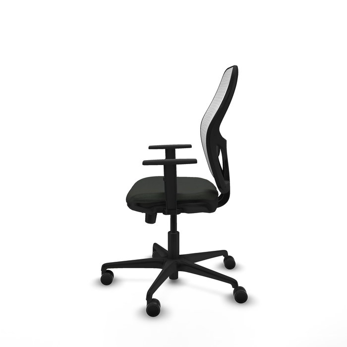Silla de oficina Jorquera con mecanismo Sincro/Traslack tapizada con Tela color Negro y malla color Blanco. Equipada con lumbar 1D, Brazos 1D y Ruedas 65mm nailon