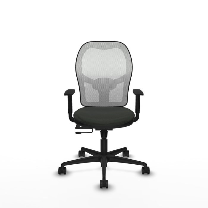 Silla de oficina Jorquera con mecanismo Sincro/Traslack tapizada con Tela color Negro y malla color Blanco. Equipada con lumbar 1D, Brazos 1D y Ruedas 65mm nailon