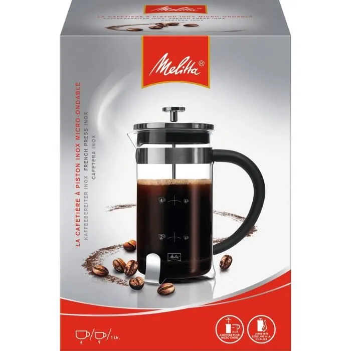 Melitta Cafetera de Pistón Premium en Vidrio y Acero Inoxidable 8 Tazas Melitta Cafetera de Pistón Premium en Vidrio y Acero Inoxidable 8 Tazas