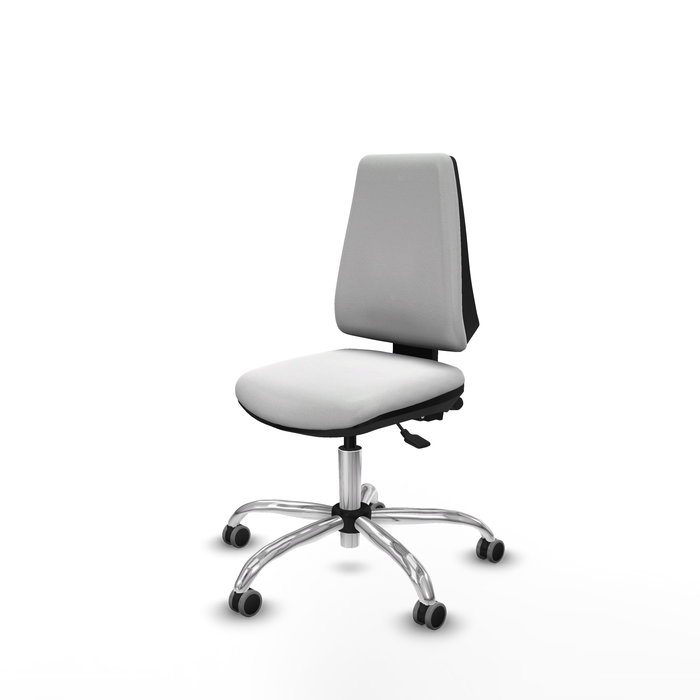 Silla de oficina Elche con mecanismo Asincro tapizada con Tela color Blanco. Equipada con Base cromada, Sin brazos y Ruedas 65 mm parqué
