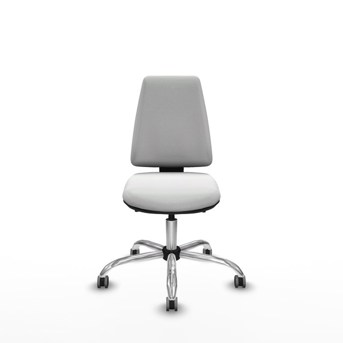 Silla de oficina Elche con mecanismo Asincro tapizada con Tela color Blanco. Equipada con Base cromada, Sin brazos y Ruedas 65 mm parqué