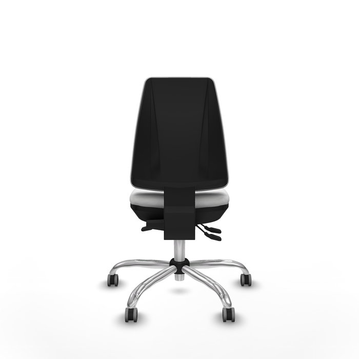 Silla de oficina Elche con mecanismo Asincro tapizada con Tela color Blanco. Equipada con Base cromada, Sin brazos y Ruedas 65 mm parqué