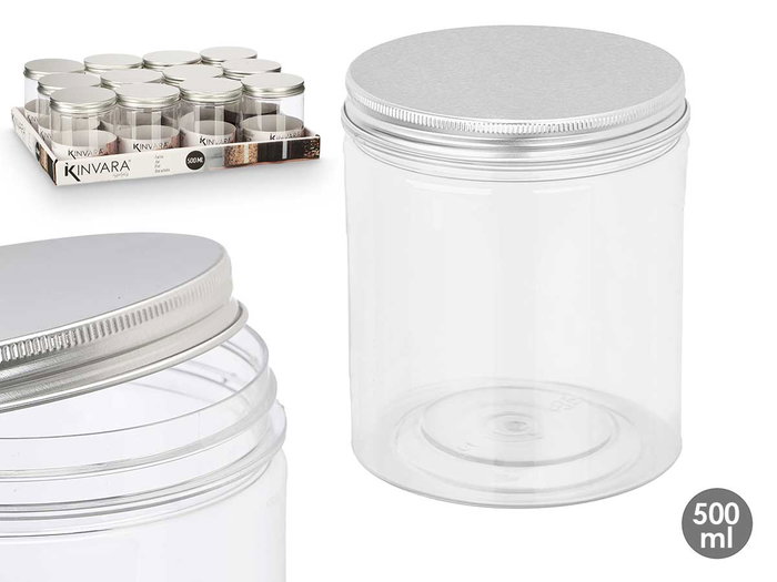 Tarro PET Tapa Aluminio 500ml Kinvara Transparente y Metal 8.5x10x8.5 cm (Set de 48) Tarro PET Tapa Aluminio 500ml Kinvara Transparente y Metal 8.5x10x8.5 cm (Set de 48)