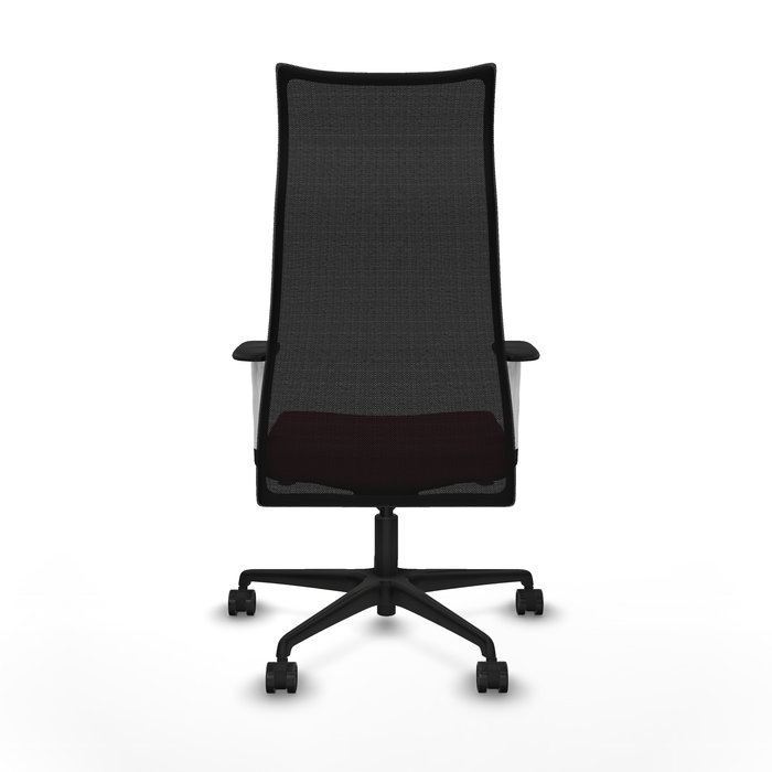 Sillón Albacete con mecanismo Sincro tapizada con Tela color Granate y malla color Negro. Equipado con Base nailon negra, Brazos 1D y Ruedas 65mm nailon