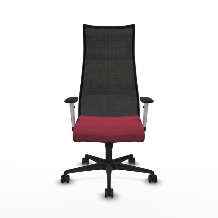 Sillón Albacete con mecanismo Sincro tapizada con Tela color Granate y malla color Negro. Equipado con Base nailon negra, Brazos 1D y Ruedas 65mm nailon