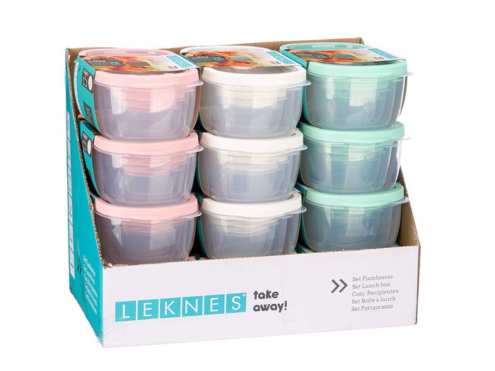 Leknes Set 5 Fiambreras Surtidas Plástico PP TPR Blanco Rosa Verde 200ml 400ml 800ml 1.75L 2.8L 28x11x16cm Aptas Microondas y Lavavajillas (Set de 12)
