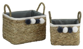DKD Home Decor Set de 2 Cestas de Fibra y Algodón con Pompon con Colores Natural, Gris Oscuro y Blanco