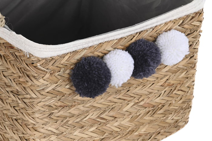 DKD Home Decor Set de 2 Cestas de Fibra y Algodón con Pompon con Colores Natural, Gris Oscuro y Blanco