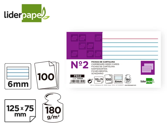 Liderpapel Ficha Rayada Nº2 75x125 mm 180gr Paquete de 100 Unidades
